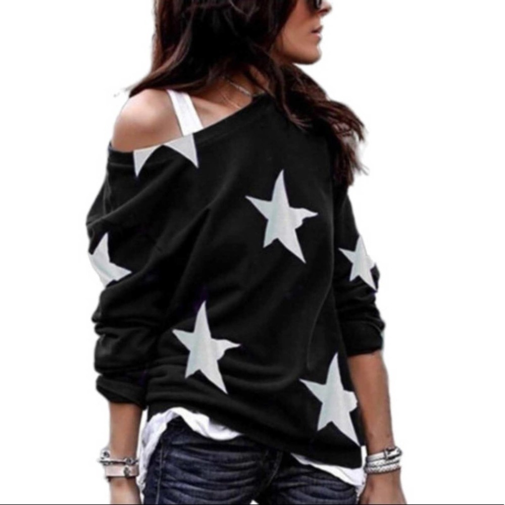 Star Round Neck Black Top